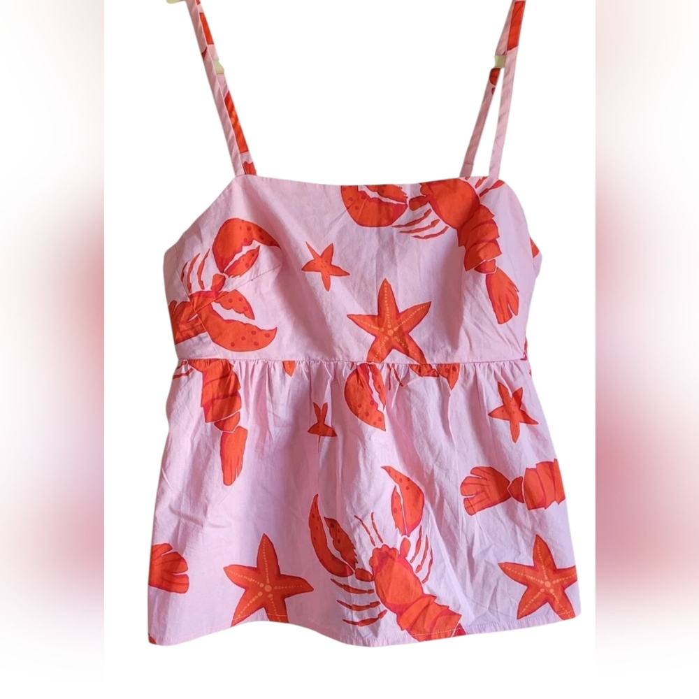 J. Crew Pink Red Lobster Starfish Strappy Top Empire Waist Tie Back Womens Sz 12